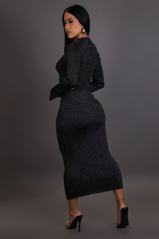 After Dusk Sparkle Knit Crop Top & Midi Skirt Set – Luxe Black 2 Piece