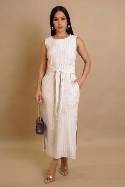 "Weekend Reserve” Oatmeal Pinstripe Linen Midi Dress – Tie-Waist Minimalist Style