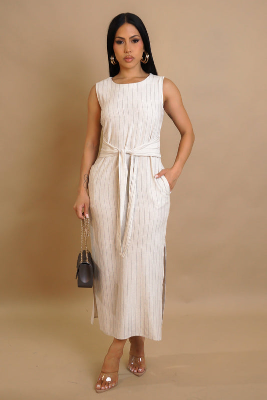 "Weekend Reserve” Oatmeal Pinstripe Linen Midi Dress – Tie-Waist Minimalist Style