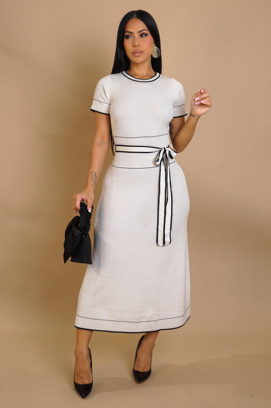 “Effortless Icon” Knit Belted Midi Dress – Cream with Black Trim