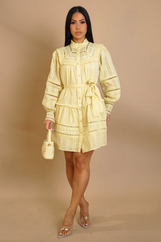 “Lemon Lace” Long Sleeve Cotton Dress – Button-Front + Waist Tie